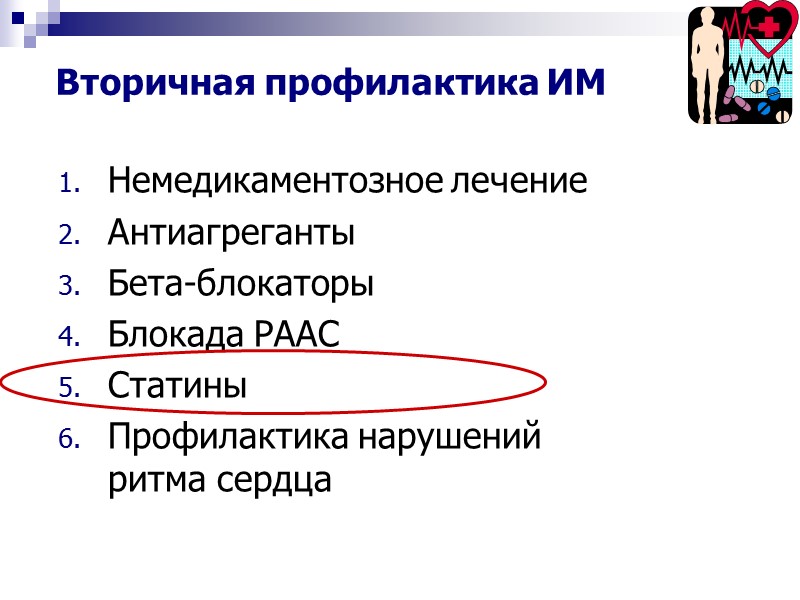 Вторичная профилактика ИМ Немедикаментозное лечение Антиагреганты Бета-блокаторы Блокада РААС Статины Профилактика нарушений ритма сердца